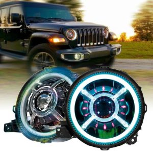 9 colių apvalus „Jeep JL 2018“ RGB žiedinis „Jeep Wrangler“ spalvos keitimas „Halo Led“ priekiniais žibintais